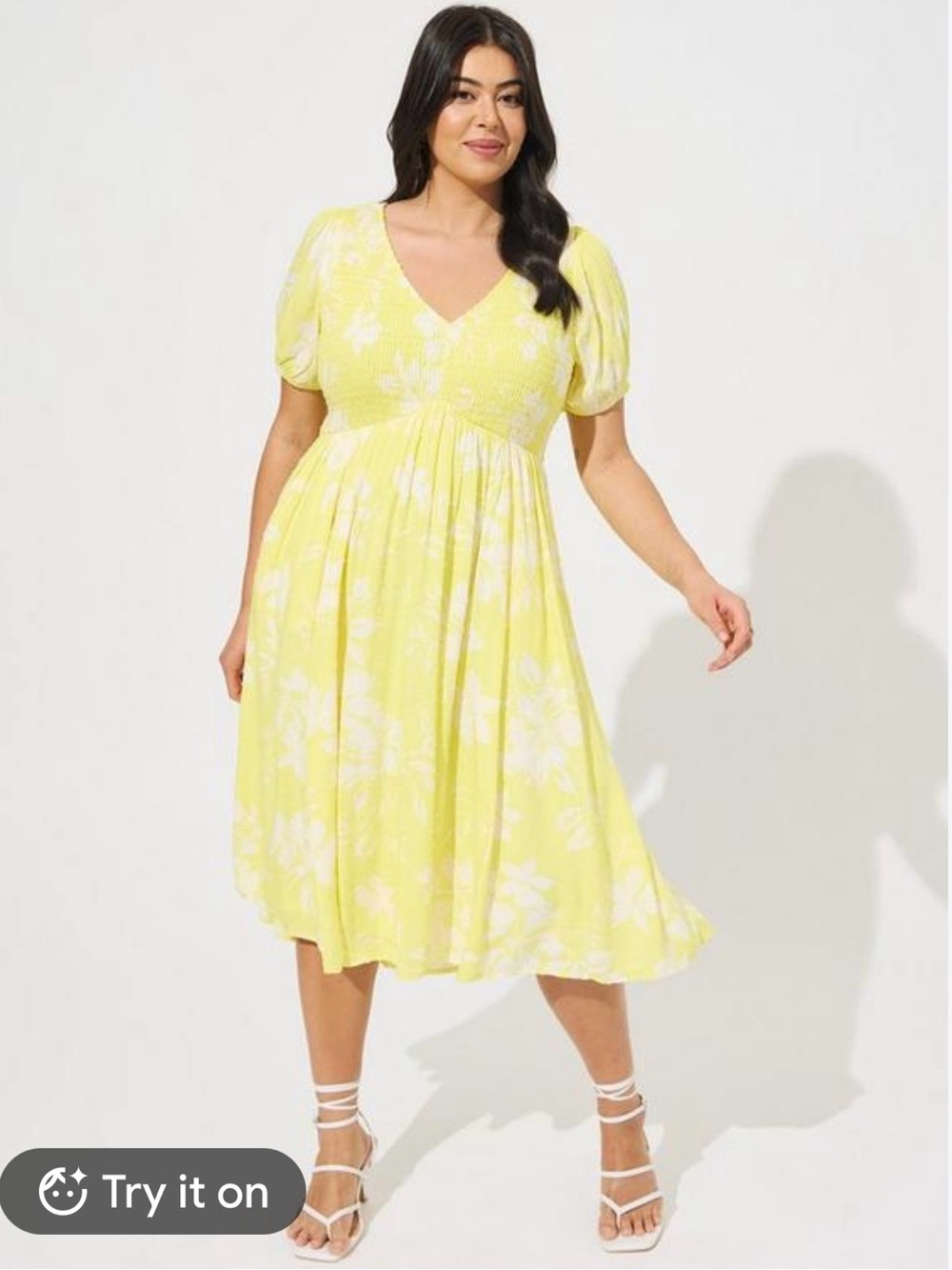 TORRID Yellow Floral Smocked Midi Dress Size 4 V-Neck Puff Sleeve